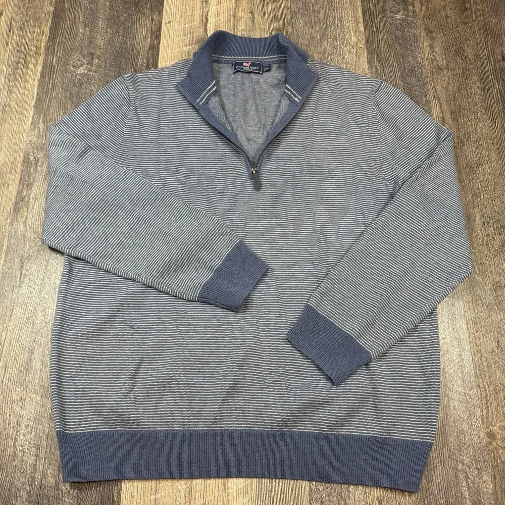 Vineyard Vines Men's XL Blue Striped 1/4 Zip Merino Wool Cotton Sweater Pullover